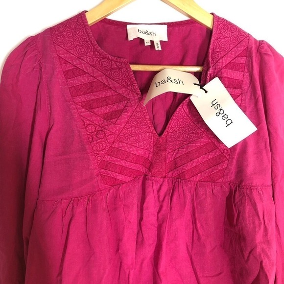 ba&sh Ilo Top 3/4 Sleeve Split Neck Embroidered Bib Fuchsia Pink NWT Size XS - Picture 6 of 13